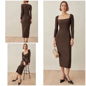 Reformation Reema Brown Ribbed Knit Bodycon Squareneck Midi Long Sleeves Dress M